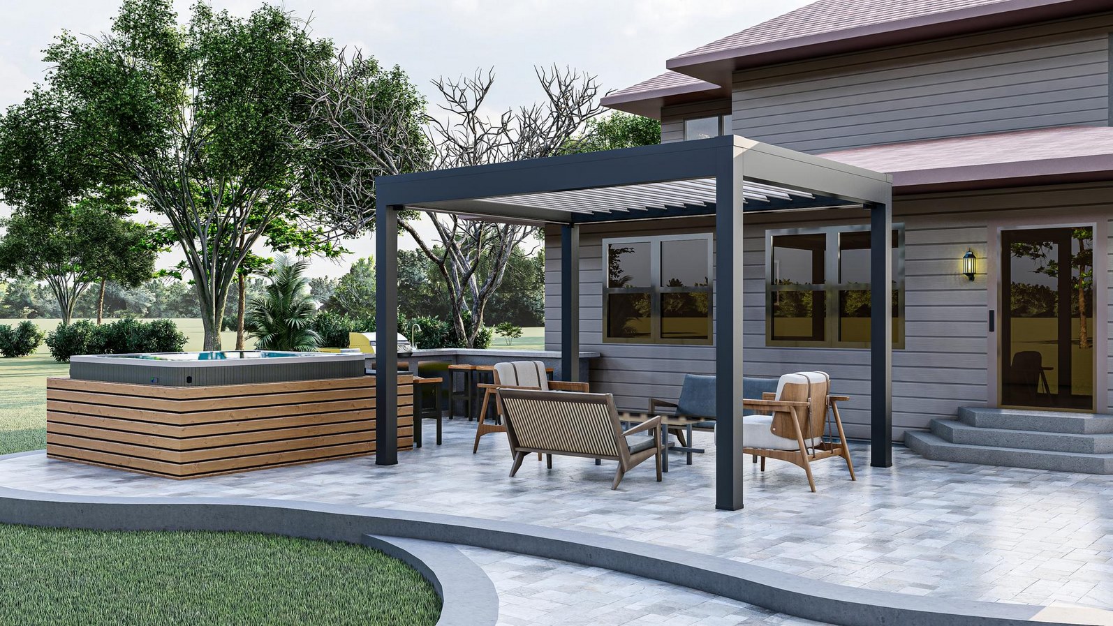 Pergola sur mesure pour terrasse – Alpha Menuiseries Pergola aluminium sur mesure installée par Alpha Menuiseries, parfaitement intégrée à la maison et à l’aménagement extérieur.